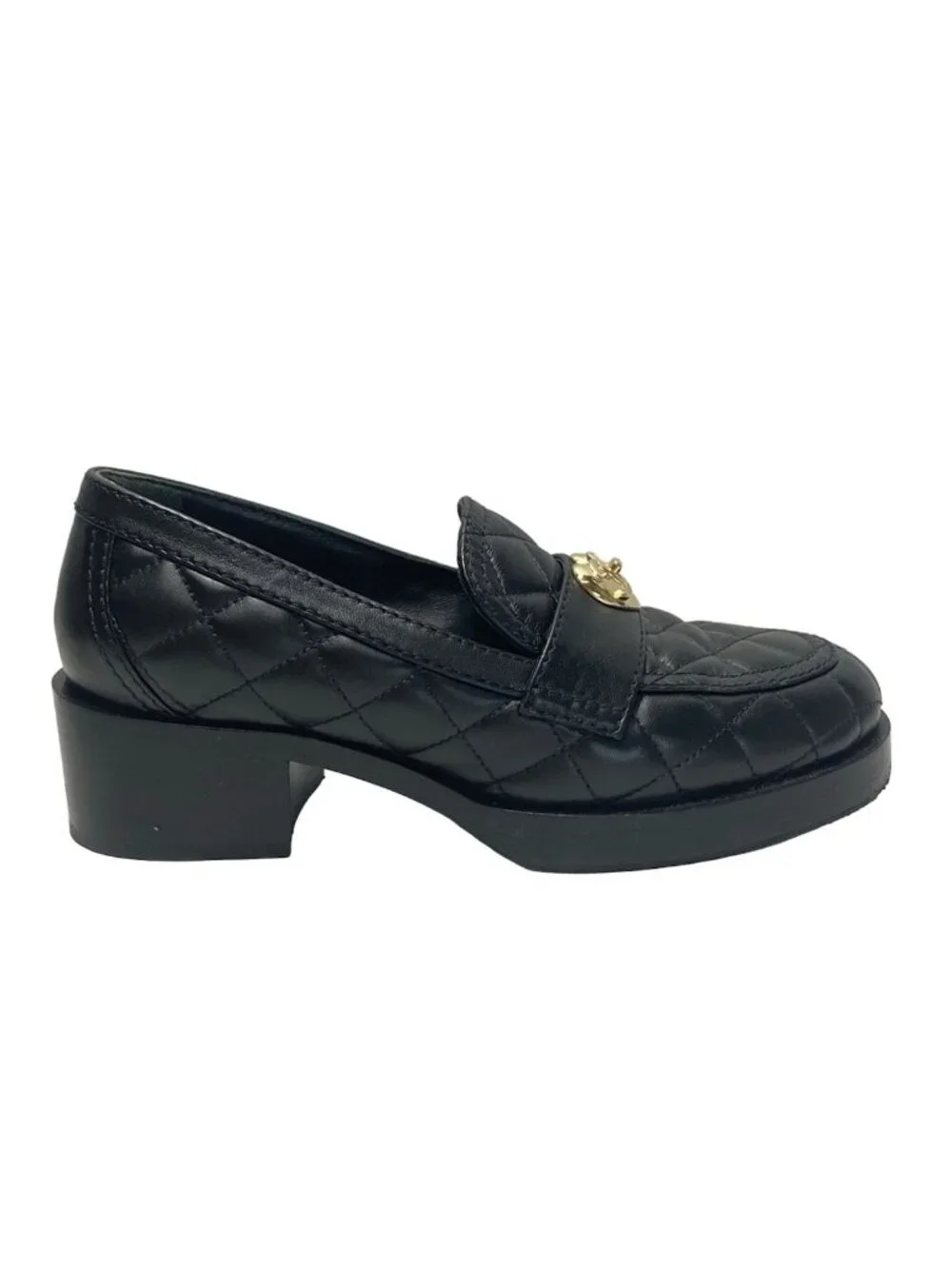 Chanel Loafers Quilted Black Heart Turnlock Gold Platforms